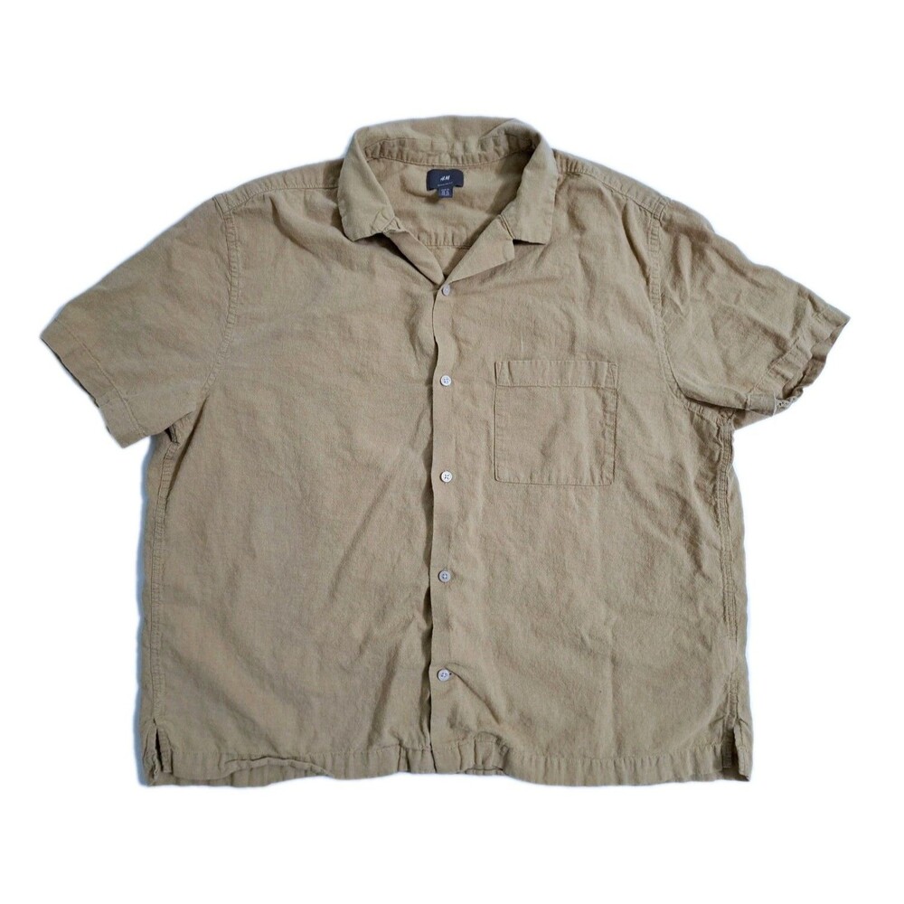 H&M Linen Shirt Men's XL Short Sleeve Linen Blend Button Khaki HM Tan Beige